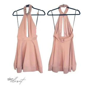 BEBE Women's Pink Jeweled Neck Halter Dress, XS